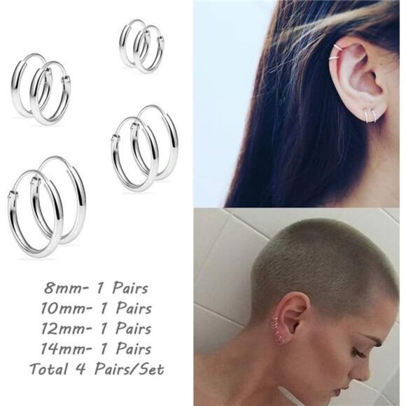 Silver Hoop Earrings- Cartilage Earring Small Hoop Earrings for Women Men Girls - Picture 2 of 7